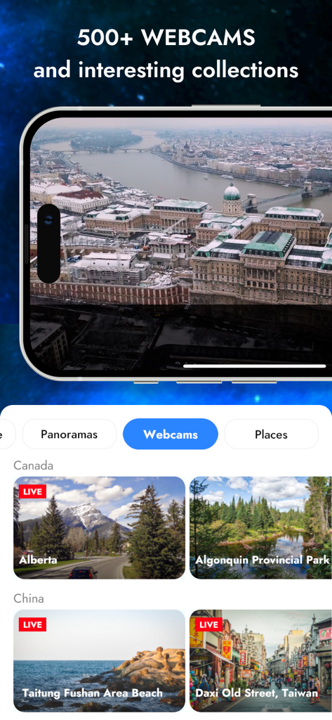 Globe 3D - Planet Earth Guide - Una schermata di un'app mobile che mostra un elenco di oltre 500 webcam live mondiali organizzate per paese