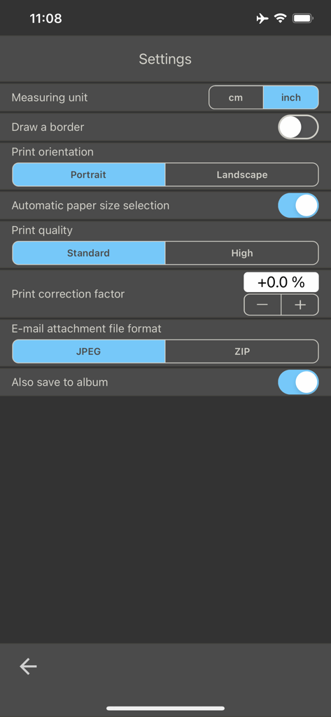 O menu de configurações do aplicativo Foto para Passaporte mostrando opções de unidades de medida, orientação de impressão e qualidade da foto.
