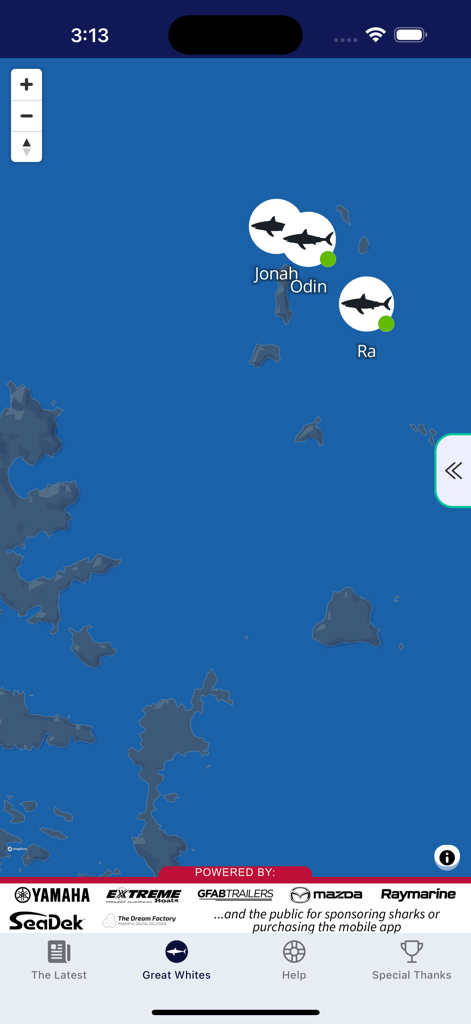 The Great White App - タグ付けされたサメ、ジョナ、オーディン、ラの位置を示すグレートホワイトアプリのリアルタイムマップ