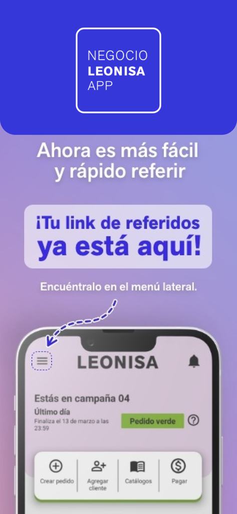 Negocio Leonisa app screen showing a notification about a new referral link and an arrow pointing to the side menu.