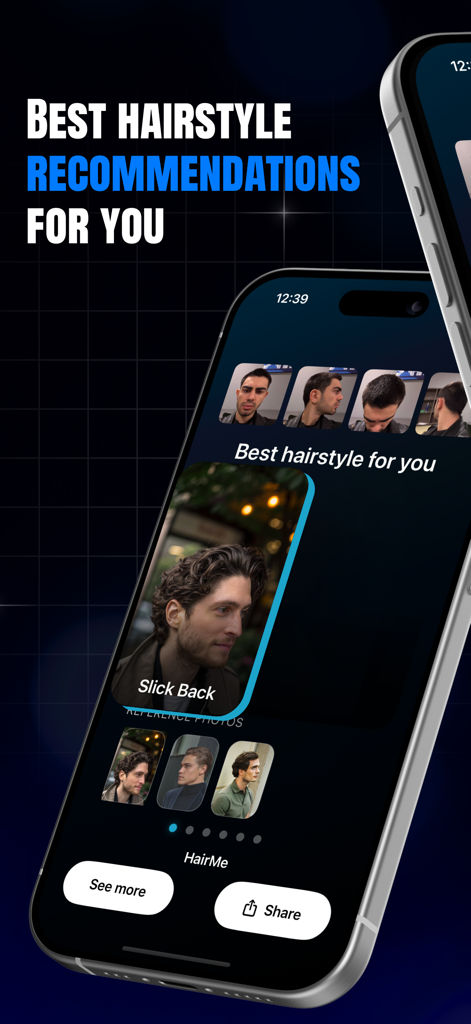 HairMe: Hairstyle AI Scanner - Smartphone screen showing AI generated hairstyle recommendations and reference photos for men