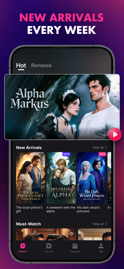 DailyStory - Stories & Dramas - Pantalla de inicio de la app DailyStory mostrando dramas verticales cortos de tendencia, incluyendo Alpha Markus y El Regalo del Príncipe Lycan.