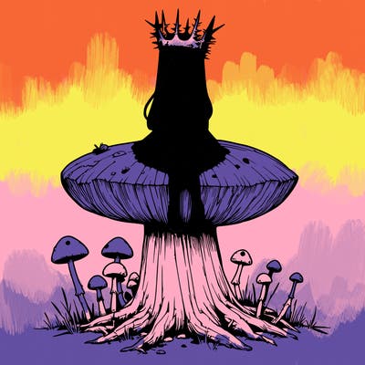 realistic girl sitting on a huge tree stump size toadstool with thorn crown