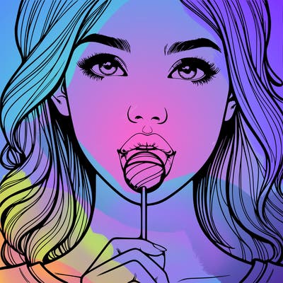 a realistic girl with a lollipop in her mouth