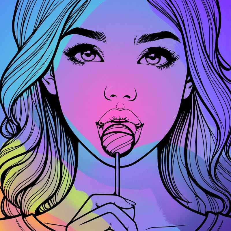 a realistic girl with a lollipop in her mouth