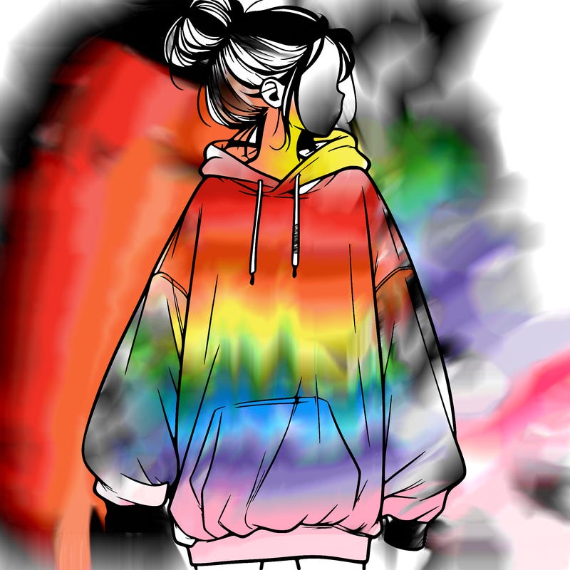 realistic girl with a oversized sweatshirt on and a bun