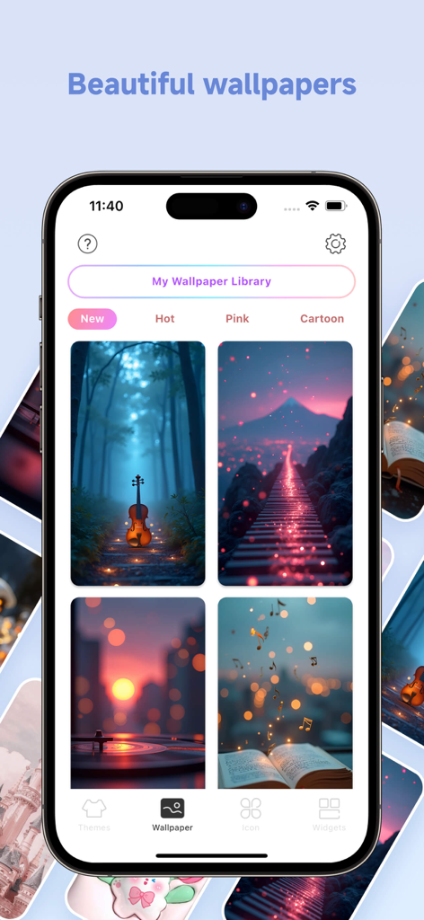 Themes: Wallpaper & Widgets - 芸術的で美的壁紙のライブラリを示すiPhone画面