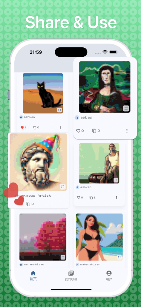 BeadHub - A community gallery in the BeadHub app showing various user-created pixel art pieces including a black cat and the Mona Lisa