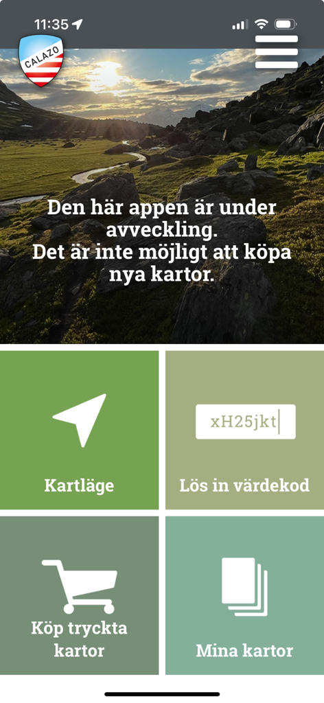 Main menu of the Calazo maps app showing navigation options and Swedish landscape