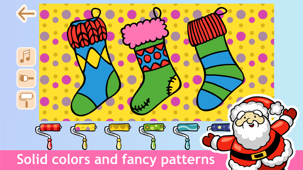 Joyful Color Book - Fun Game - A preschool coloring game screen showing Christmas stockings being decorated with solid colors and fancy patterns