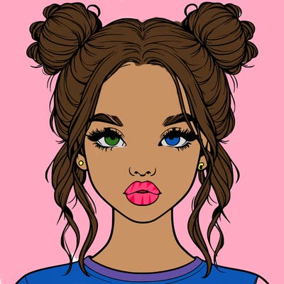 realistic girl with two buns in hair and lips