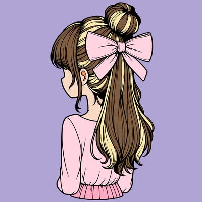 realistic girl  with hip length hair a bun and a big bow on the back of head