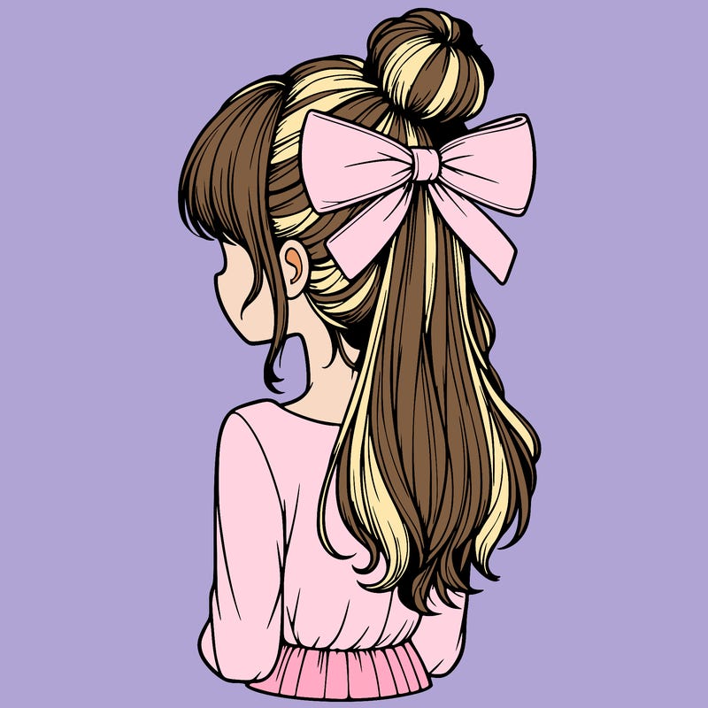 realistic girl  with hip length hair a bun and a big bow on the back of head