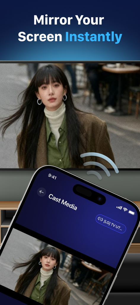 Flujo: Screen Control - A smartphone screen mirroring a high-quality photo of a woman to a large smart TV using the Flujo app