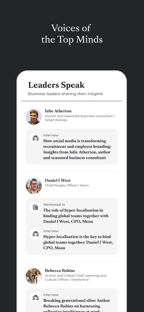 ETHRWorldME 앱 인터페이스에 HR 업계 리더들의 전문적인 인사이트와 인터뷰가 표시됨