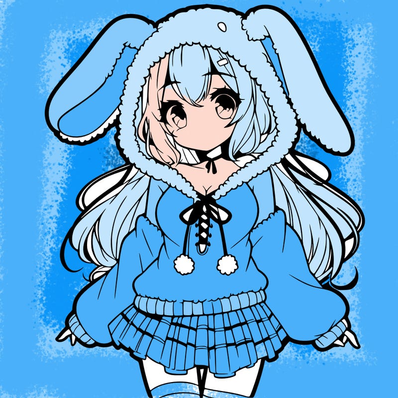pretty anime girl wearing a fluffy hoodie with bunny ears on the hood and a skirt