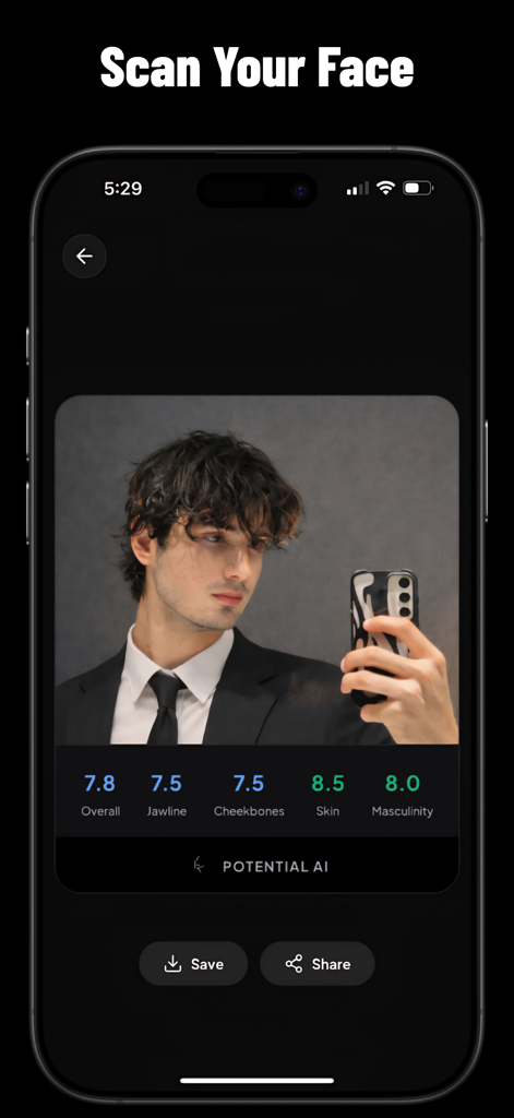 Potential AI mobile app interface displaying face scan results and aesthetic scores for jawline skin and masculinity