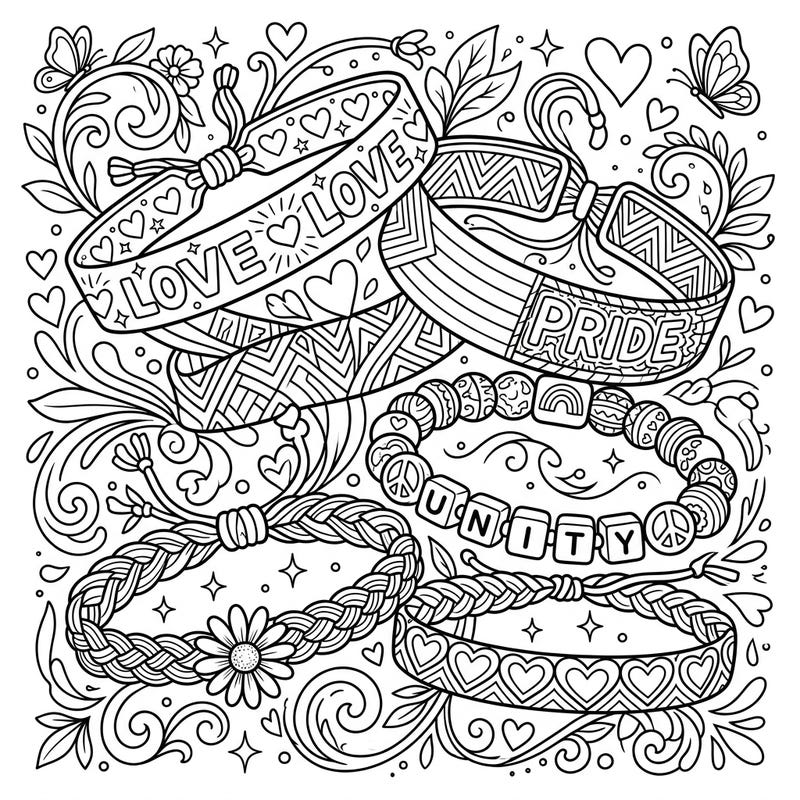 Embrace the spirit of Pride Month with this beautifully detailed adult coloring page. Discover an array of bracelets, each adorned with symbols of love, diversity, and unity, perfect for a mindful coloring experience.