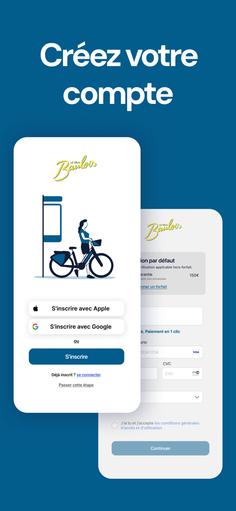 Account creation screen for the La Baule bike sharing app with Apple and Google signup options