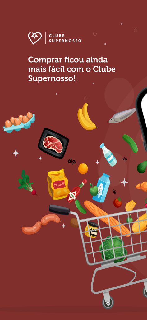 Tela do aplicativo Clube Supernosso com um carrinho de compras com várias mercearias frescas em um fundo vermelho