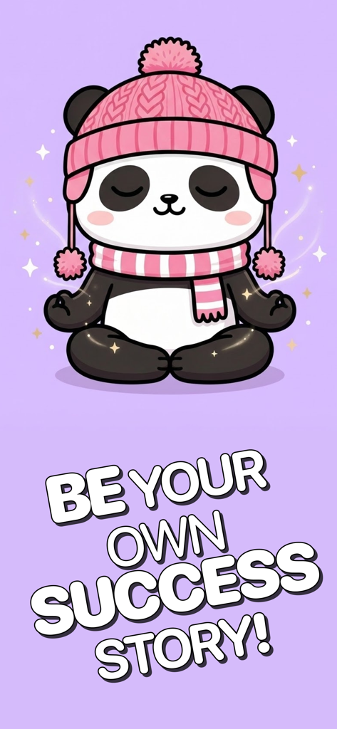 Manifested: Affirmations - A cute cartoon panda meditating in a pink beanie with the text Be Your Own Success Story
