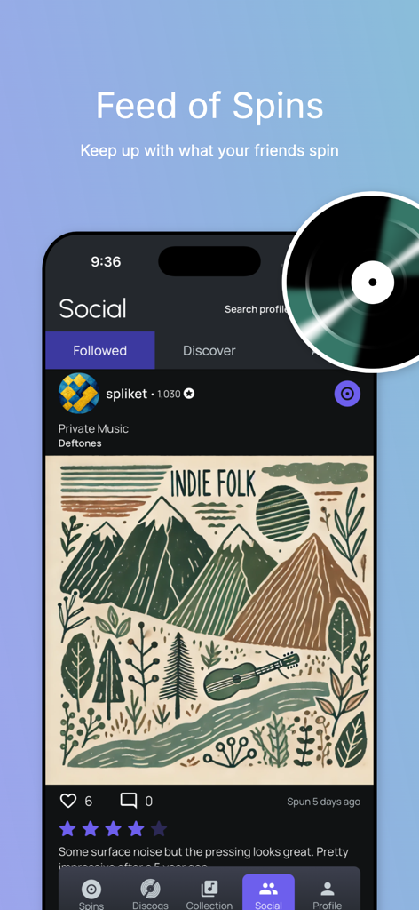 Spun It – Track & Share Spins - A screenshot of the Spun It mobile app showing a social feed where users can see and interact with their friends vinyl record spins