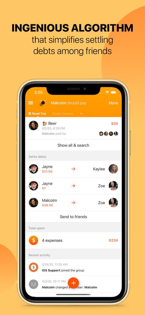 Settle Up app interface showing debt settlement among friends with a simplified payment algorithm