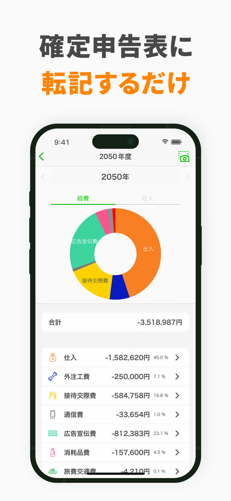 白色申告の確定申告・会計アプリ Kaikei Lite - Tela do aplicativo móvel mostrando um gráfico de pizza e uma lista detalhada de despesas de negócios para declaração de impostos no Kaikei Lite.