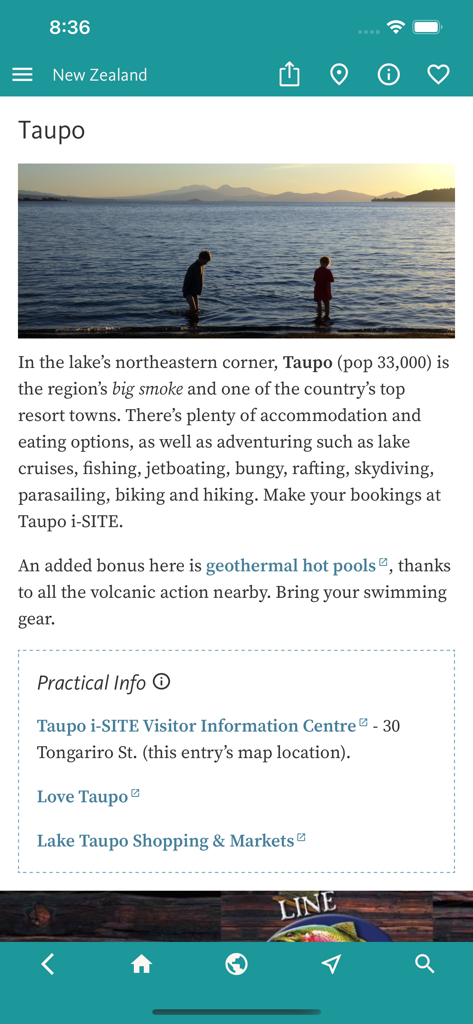 Página del destino Taupo en la aplicación de viajes New Zealands Best que muestra actividades locales e información práctica