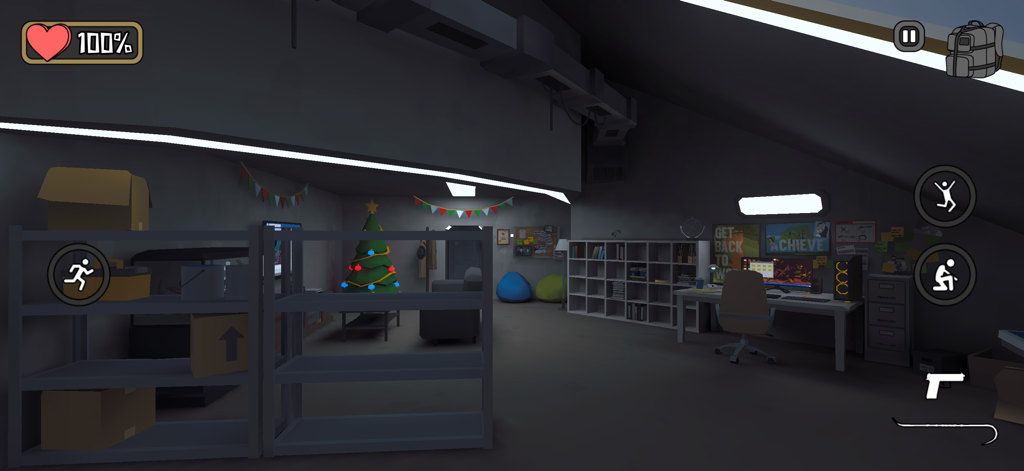 Bunker 24: Survival Story Game - First person view of an underground office with a Christmas tree in Bunker 24