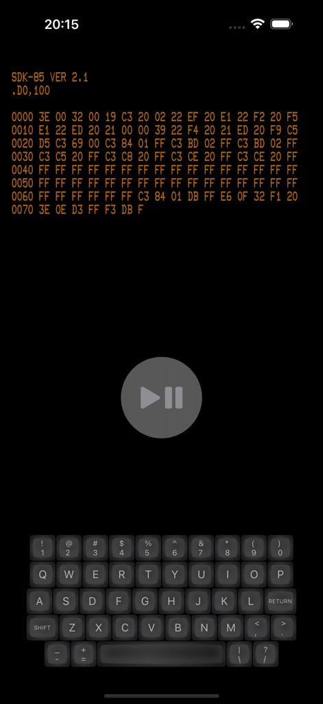 SDK85 - SDK85 emulator app in terminal mode showing hexadecimal machine code and a retro style virtual keyboard