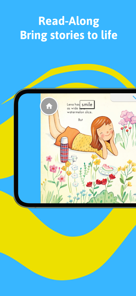 Joey Books - Joey Books app displaying a child storybook with interactive read-along text highlighting the word smile