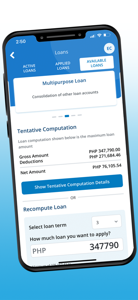 GSIS Touch - Pantalla de la aplicación GSIS Touch que muestra los detalles de un préstamo polivalente y el cálculo tentativo.