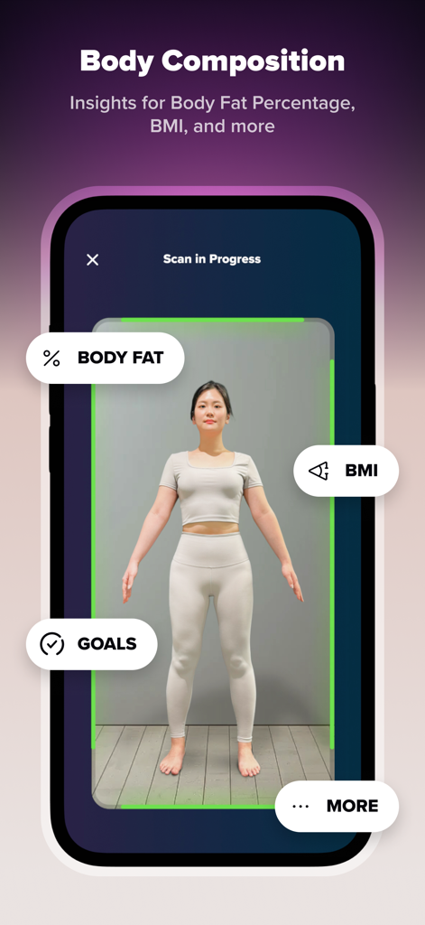 ZOZOFIT: 3D Body Scanner - ZOZOFIT app interface showing a 3D body scan in progress with metrics for body fat percentage and BMI