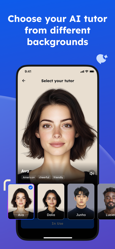 English Learning - Easy Speak - Schermata dell'app mobile che mostra diverse opzioni di tutor AI per la pratica della conversazione in inglese con nomi e tratti della personalità.