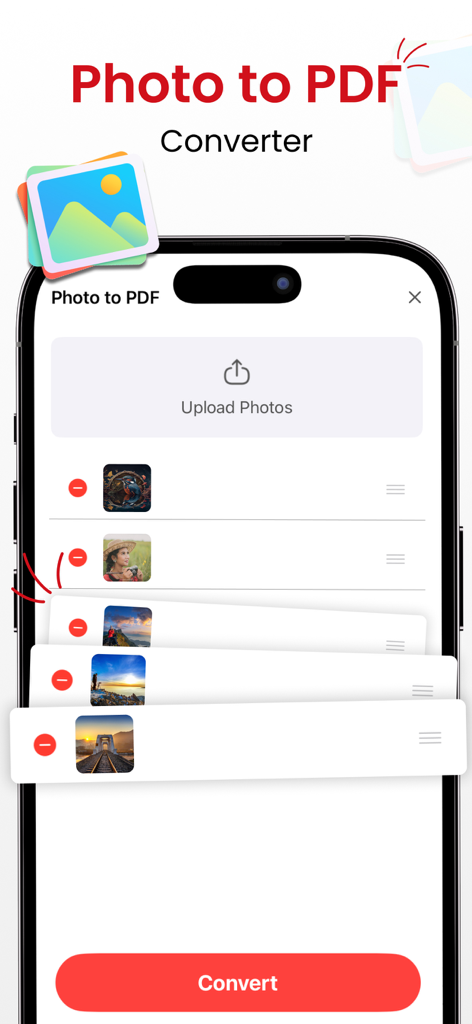 Un'interfaccia mobile che mostra la funzionalità di conversione da foto a PDF con un elenco di immagini caricate e un pulsante di conversione