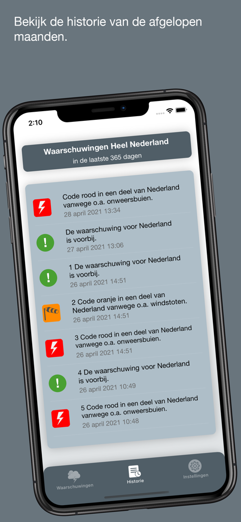 A list of past weather alerts and warnings in the Weeralarm Nederland mobile app