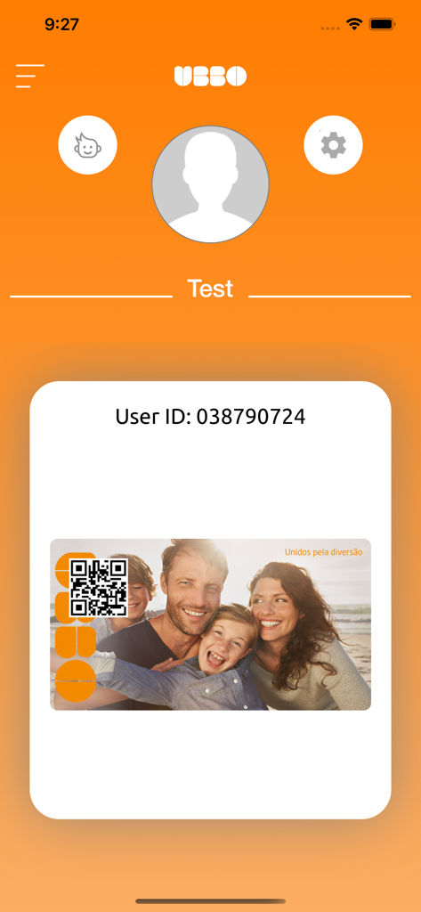 Ubbo - Ubbo app user profile screen showing a digital loyalty card with a QR code and family photo on an orange background