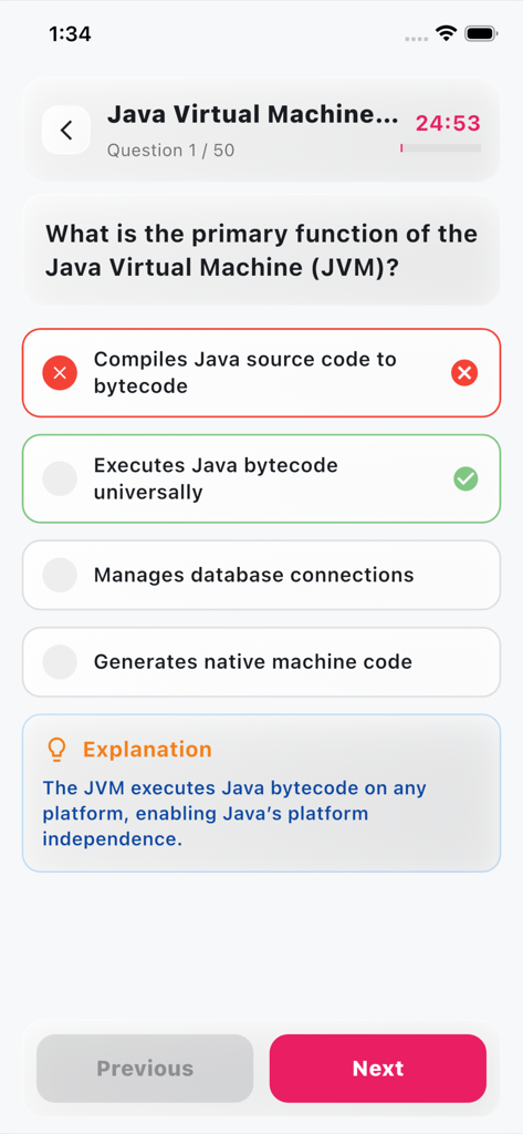 Java Basics Quiz Pro - Java Basics Quiz app interface showing a multiple choice question about JVM with a detailed explanation for the correct answer
