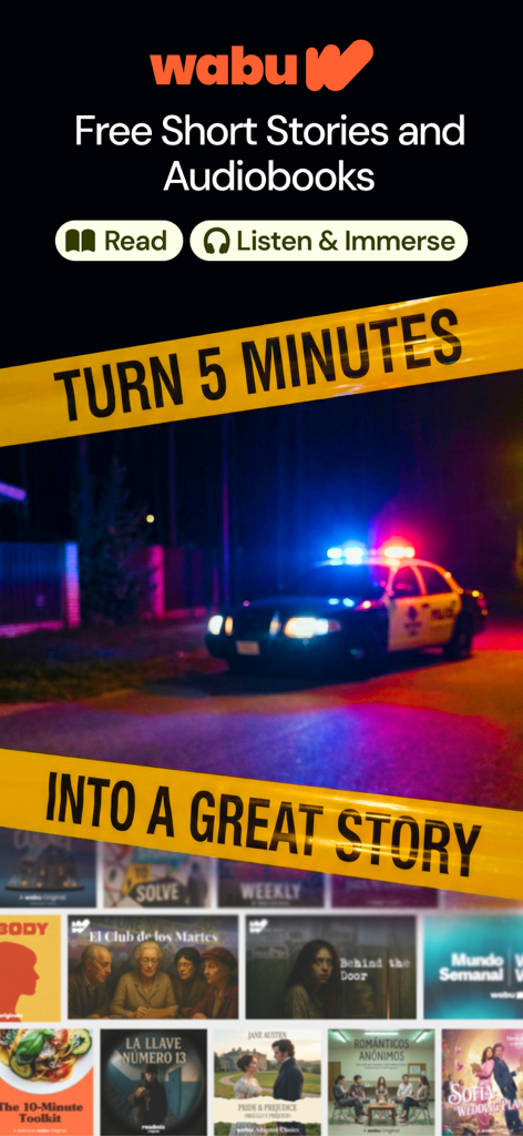 Wabu app promotional screen showing short stories and audiobooks available to read or listen in five minutes