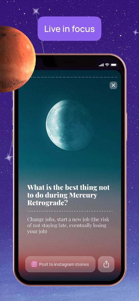 Numia: Astrology and Horoscope - Numia astrology app screen providing advice for Mercury Retrograde with Instagram sharing option