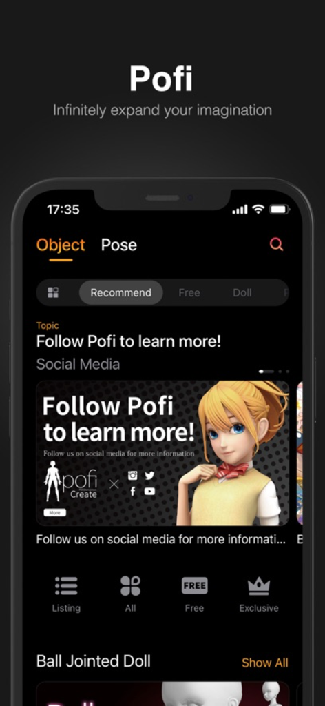 Pofi Create - 3D · Art · Comic - A screenshot of the Pofi Create app interface displaying the object category and 3D character assets for artists
