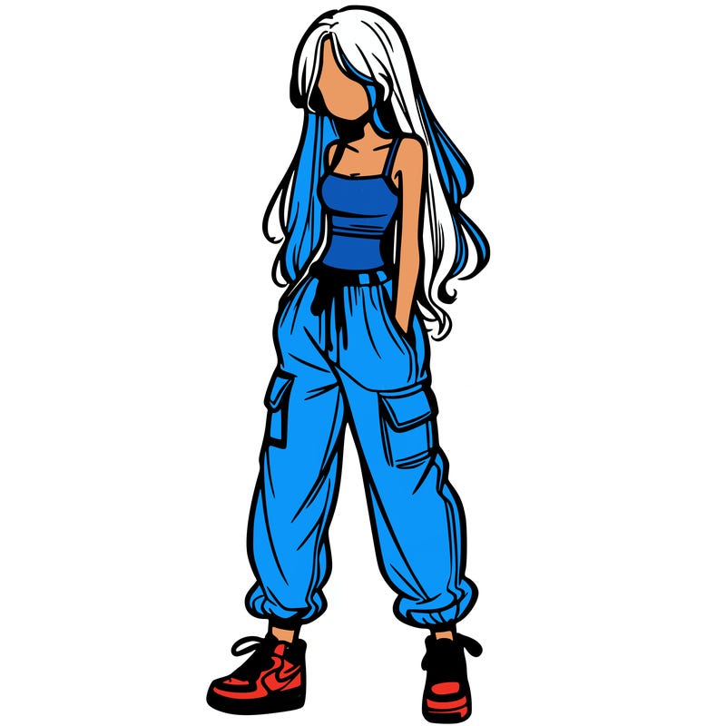 girl in baggy pants crop top and long hair
