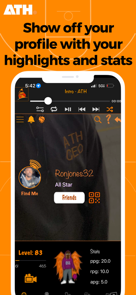 ATH - Pickup Basketball App - User profile screen of the ATH basketball app showing player stats highlights and level
