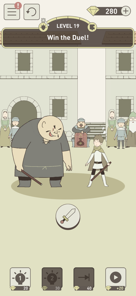 IQ Dungeon 2: Inherited Light - Level 19 gameplay of IQ Dungeon 2 showing a duel challenge between a small hero and a large opponent with the inspiration gauge highlighted