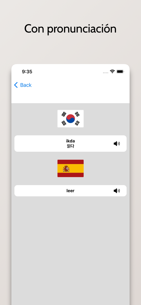 Diccionario Coreano-Español - Interface do app de dicionário coreano-espanhol mostrando tradução e ícones de pronúncia de áudio