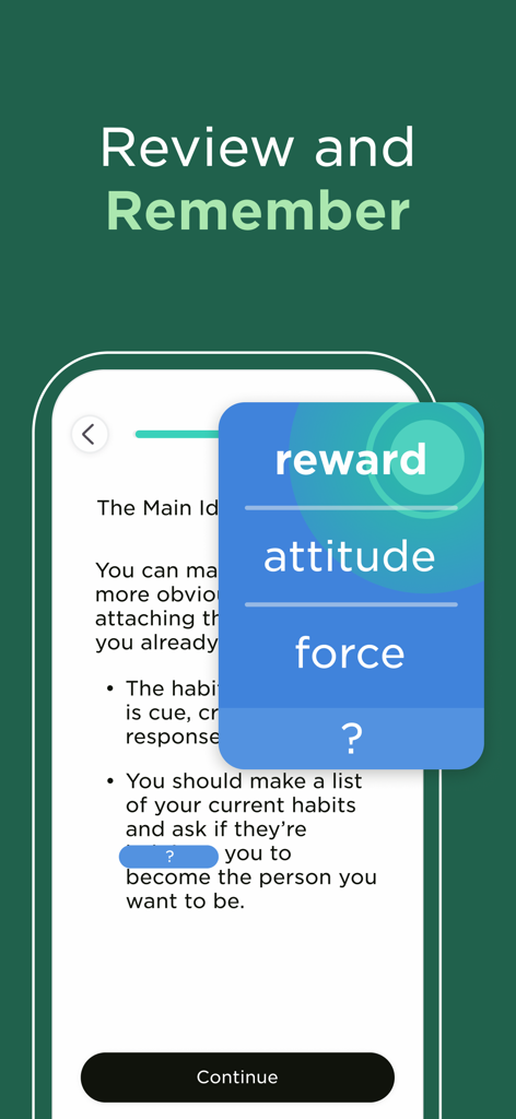 Imprint: Visual Micro Learning - An interactive quiz screen in the Imprint app titled Review and Remember used for testing knowledge retention.