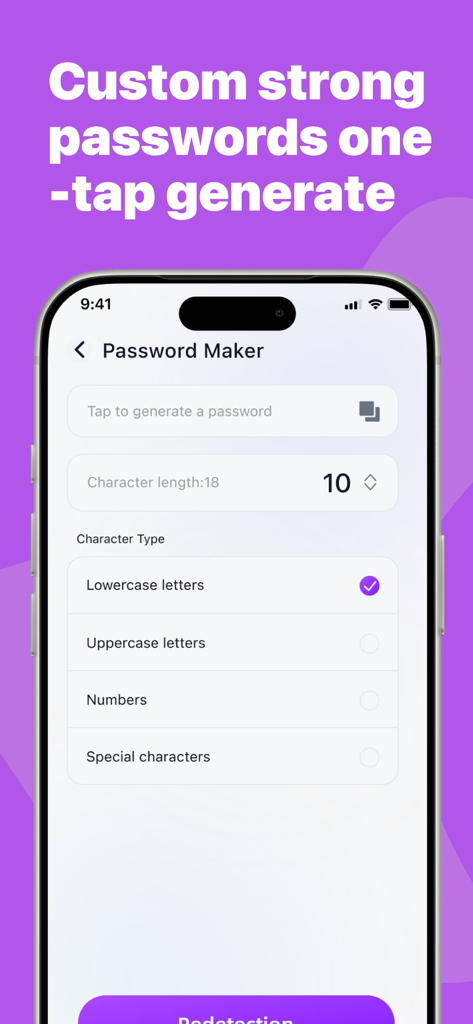 Prime Safety - User interface of the Prime Safety app password maker tool showing options to generate custom strong passwords