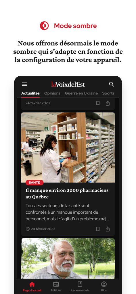 La Voix de l'Est news app interface in dark mode