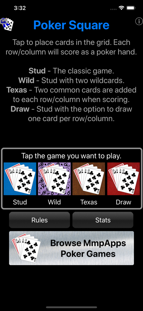 Poker Square - Solitaire - Menu principal de l'application Poker Square Solitaire montrant les options de modes de jeu Stud, Wild, Texas et Draw.